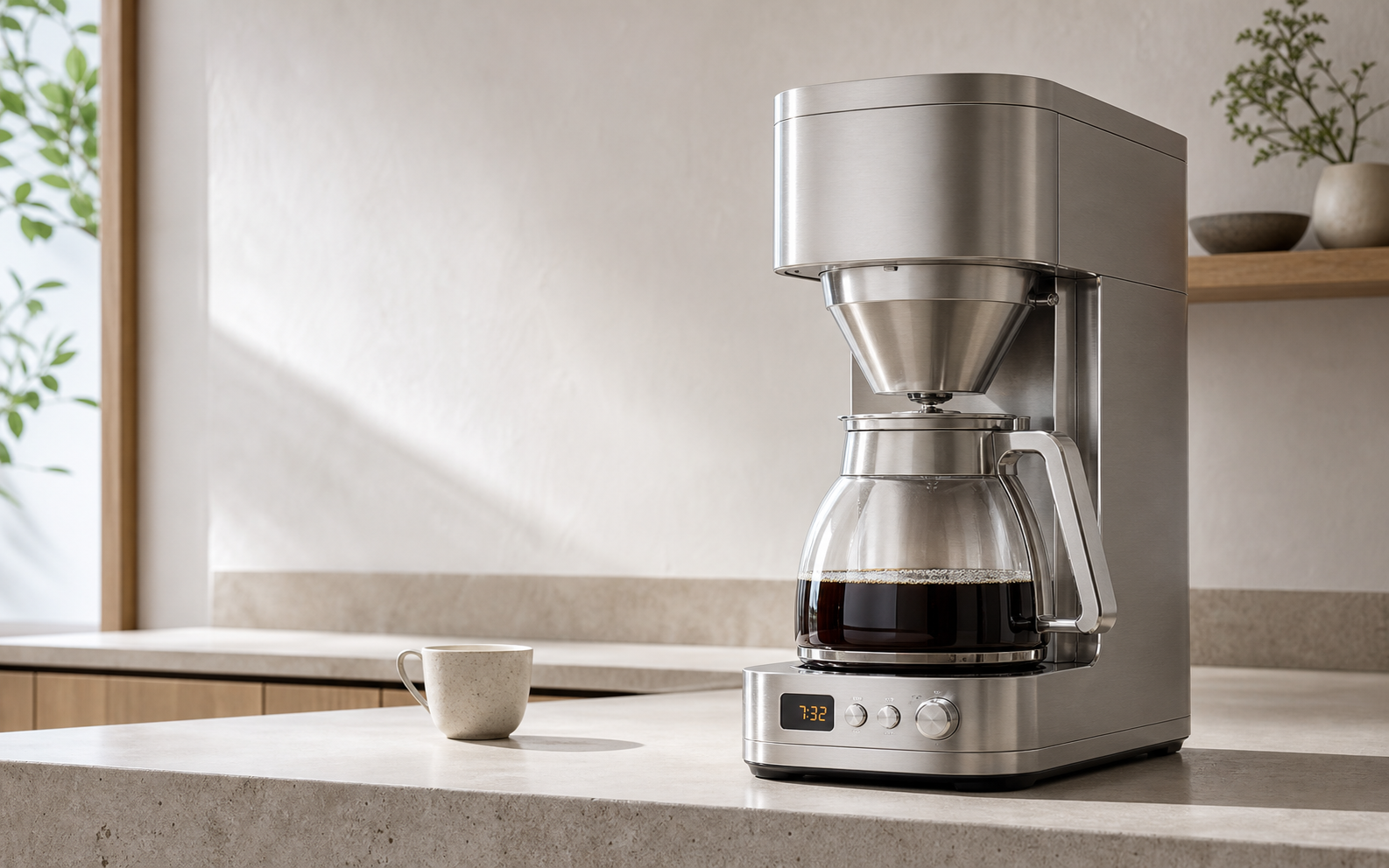 Design visualization of The Stainless Drip programmable coffee maker in brushed stainless steel with a glass carafe