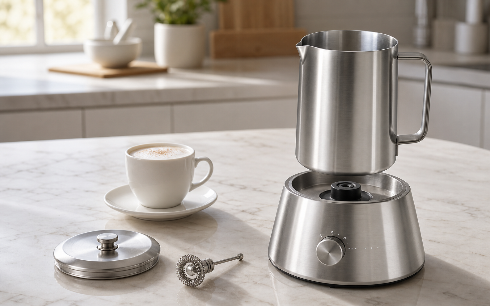 Design visualization of The Induction Frother with a stainless-steel pitcher, lid, whisk, and induction base